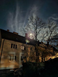 House at night with bare trees and a bright moon in the sky