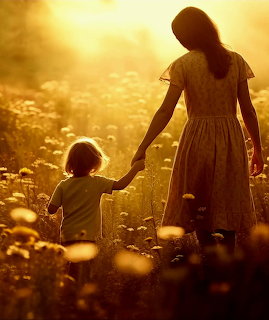 Silhouetted woman and child holding hands in a sunlit flower field at golden hour