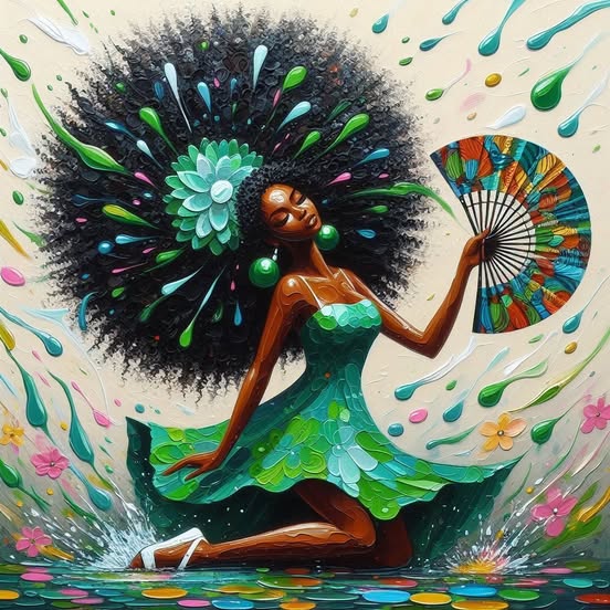 Stylized woman in a green dress with a large floral afro, holding a colorful fan amid splashes