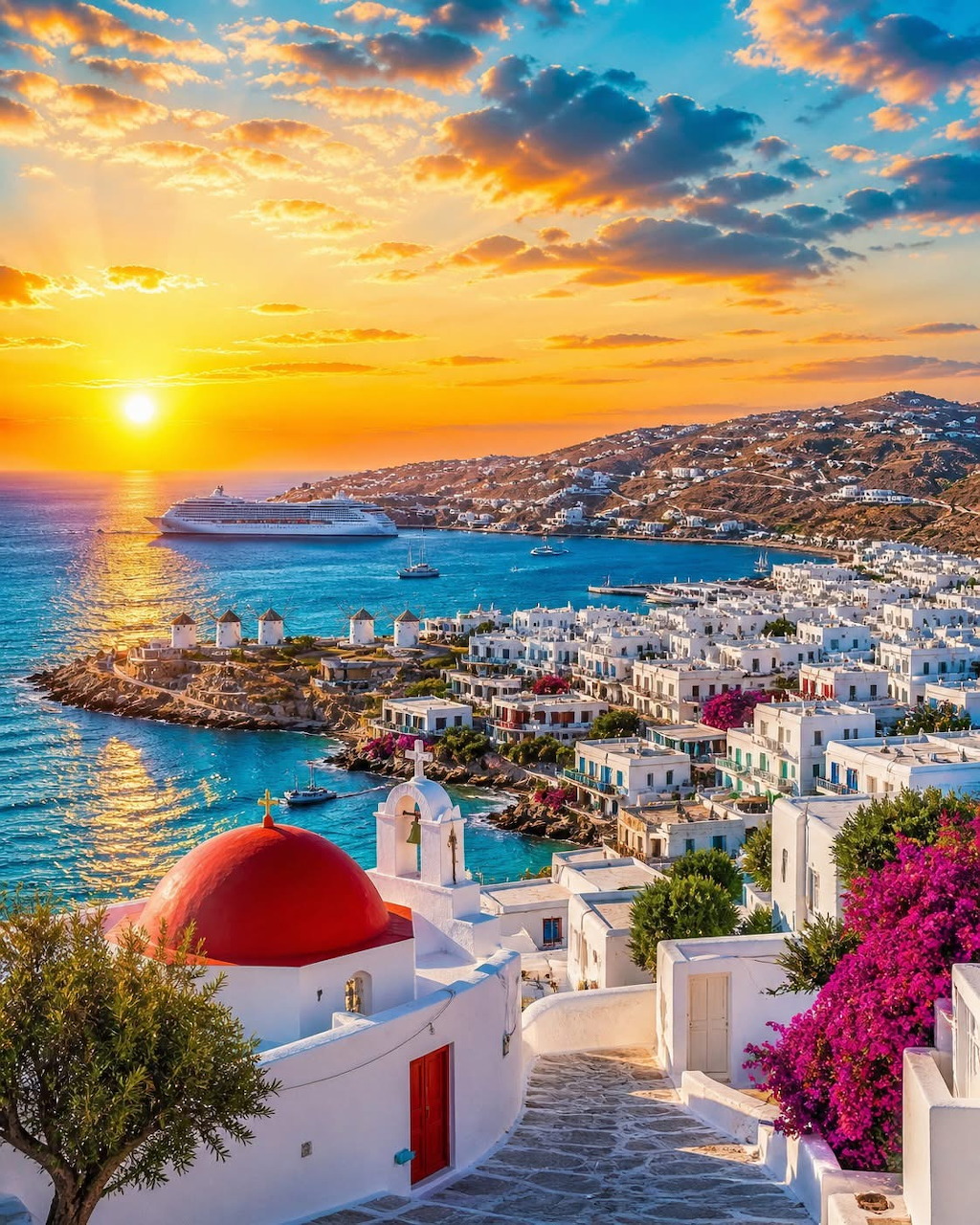 Sunset view of white buildings and red-domed church overlooking Mykonos coastline with colorful sky