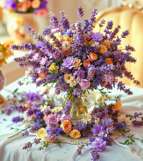 Lavender and rose flower arrangement in glass vase on decorated table