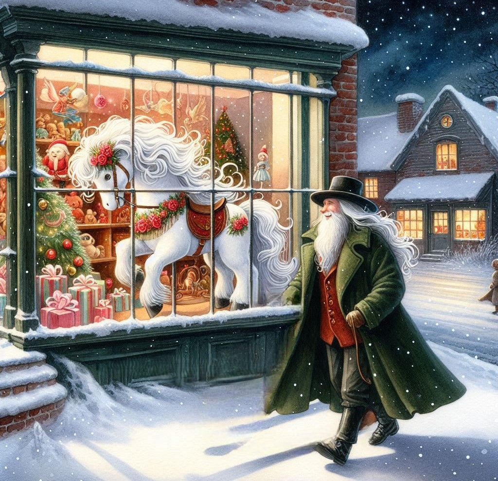 Person in winter coat looking through frosty window at Santa Claus in toy-filled workshop during snowfall