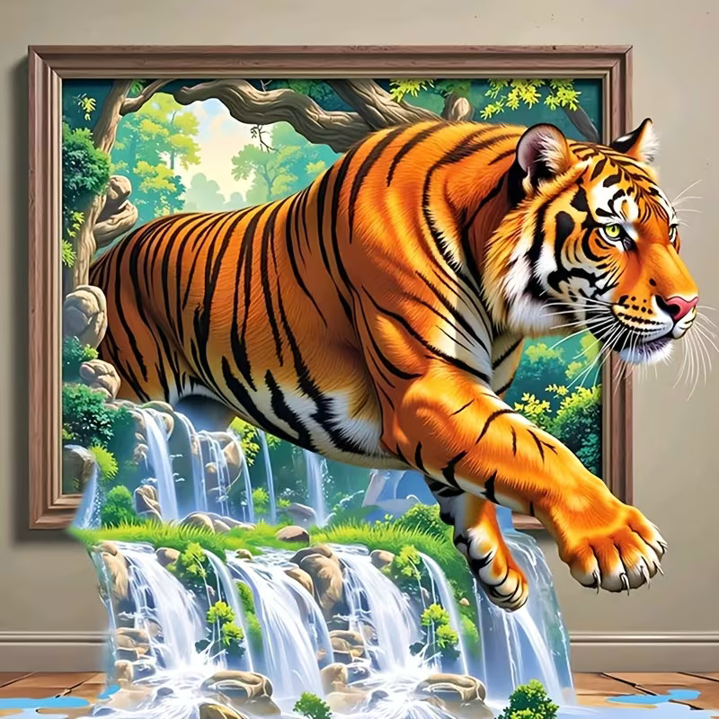 Bengal tiger leaping out of ornate picture frame with waterfall scene in 3D optical illusion style