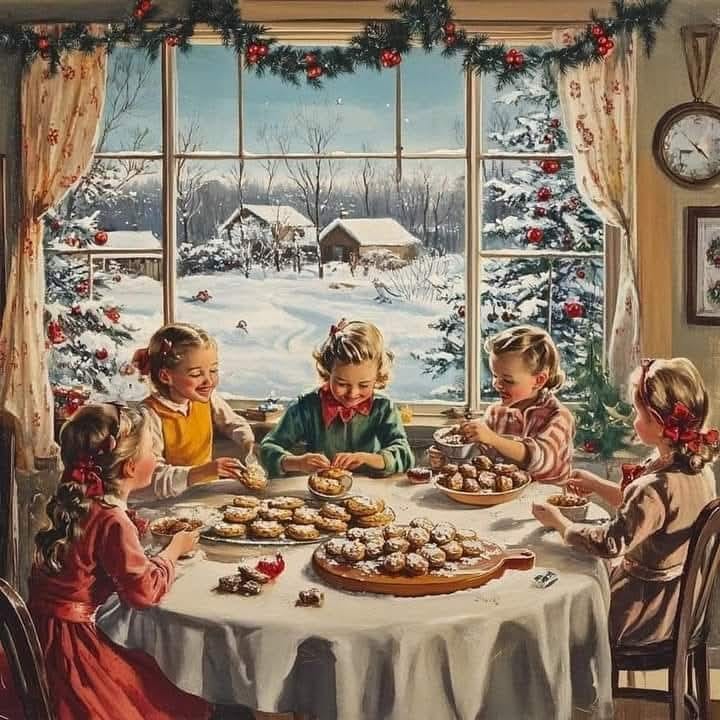 Painting of children decorating Christmas cookies at a table beside a snowy window