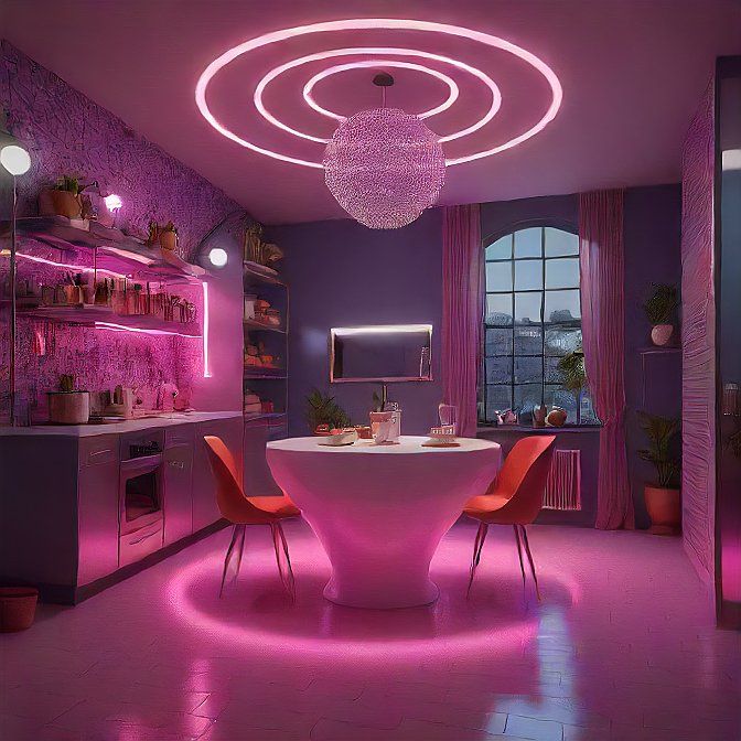 Futuristic pink neon dining room with a round table, modern chairs, shelving, and a large window