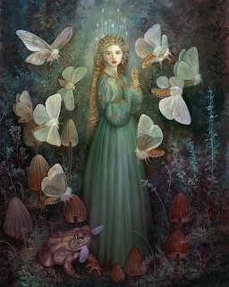 Angelic figure in teal gown with golden hair, surrounded by glowing white butterflies and red mushrooms in enchanted forest