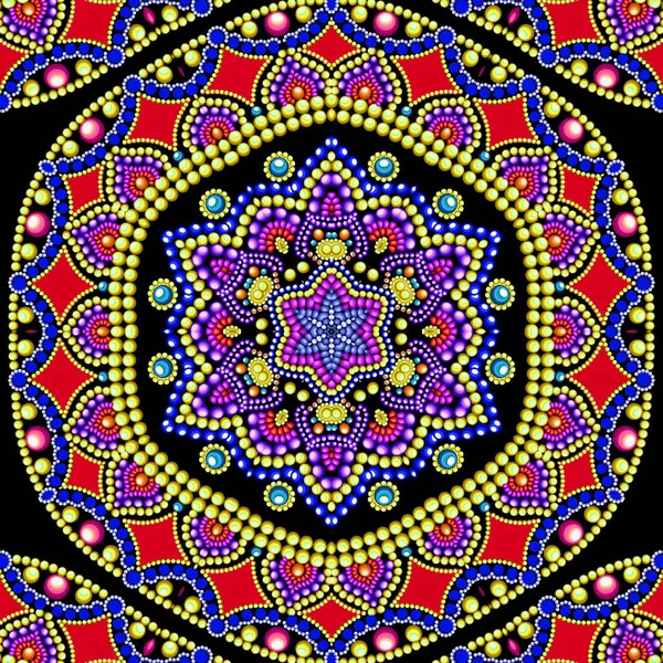 Colorful dot-painted mandala with concentric geometric patterns in red, blue, purple, and yellow on black background