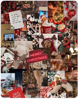 Collage of Christmas holiday photos with trees, Santa, ornaments, gifts and festive decorations