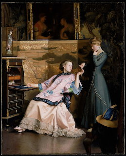 Victorian woman seated in pink gown receiving necklace from standing woman in green dress in ornate room