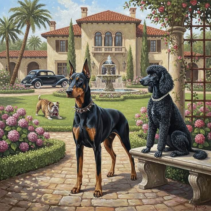 Three dogs in front of Mediterranean mansion with fountain and gardens