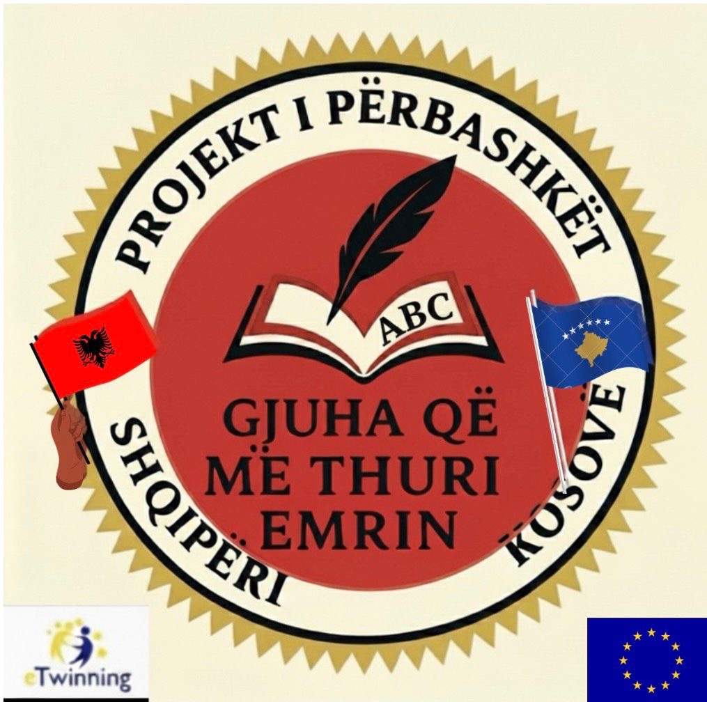 Circular educational project badge with Albanian text, book, feather, and flags