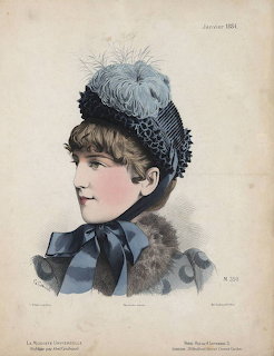 Victorian woman in profile wearing elaborate feathered hat and fur collar, 1884 fashion plate illustration