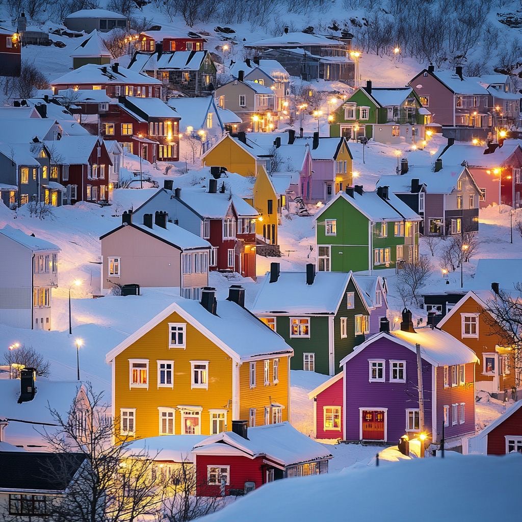 Aerial view of colorful Nordic houses covered in snow at dusk with warm lights glowing from windows