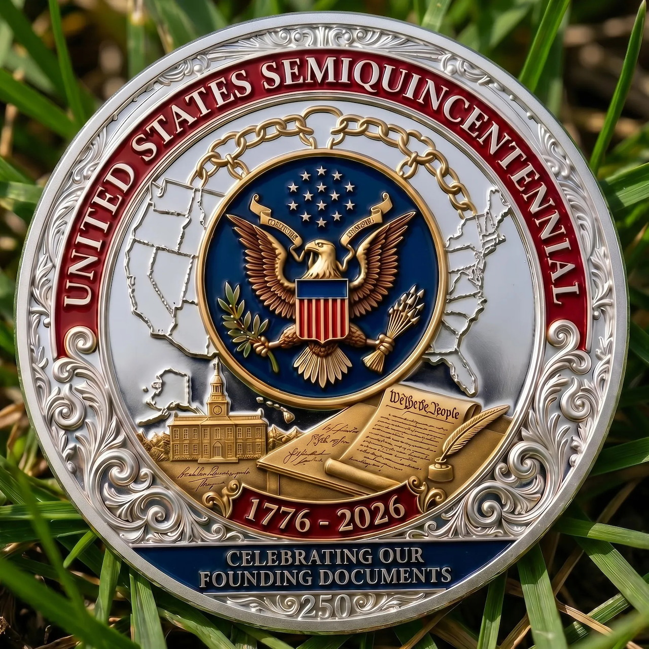 Commemorative coin with an eagle crest and 1776–2026 dates resting on green grass