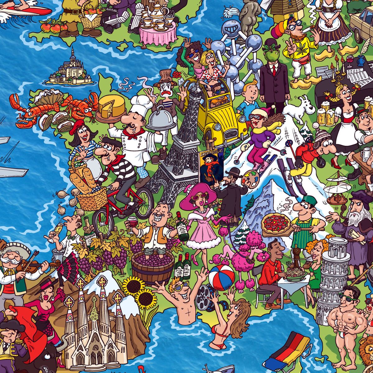 Busy collage illustration showing hundreds of cartoon characters and landmarks densely arranged in a colorful map-like composition