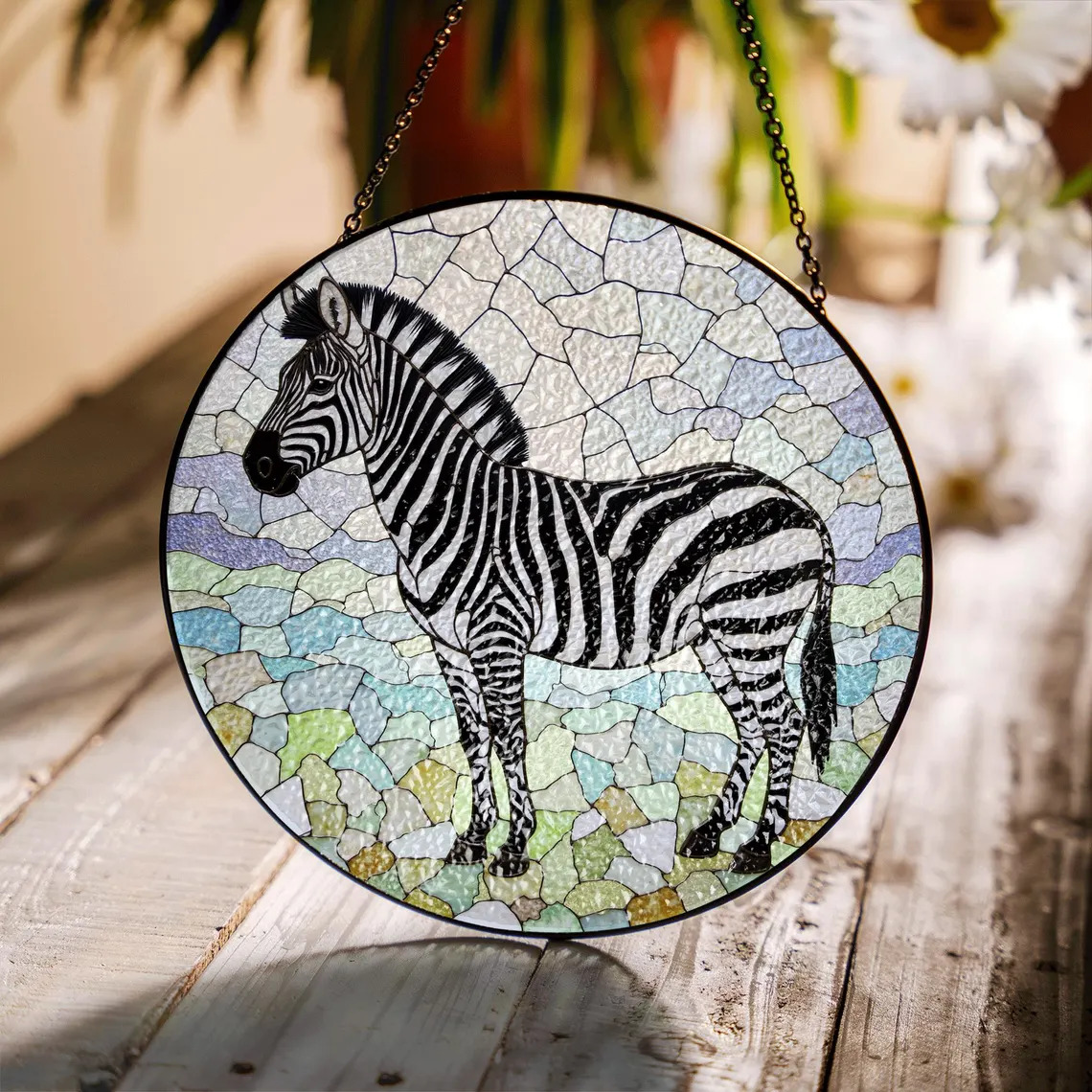 Round zebra suncatcher with mosaic glass design hanging over a wooden table