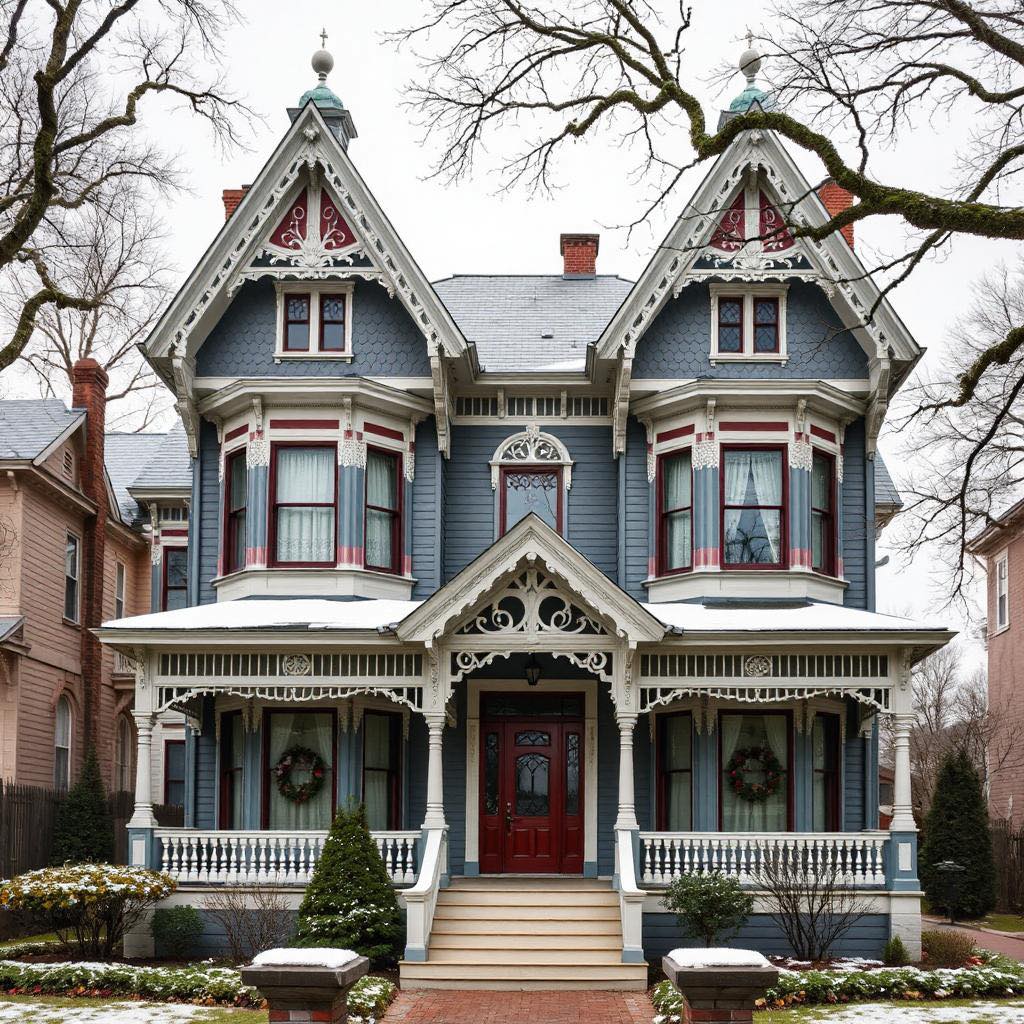 Victorian house with blue-gray siding, white trim, and bare trees in winter