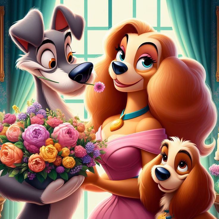 Cartoon dogs resembling Lady and Tramp with a bouquet of colorful flowers indoors