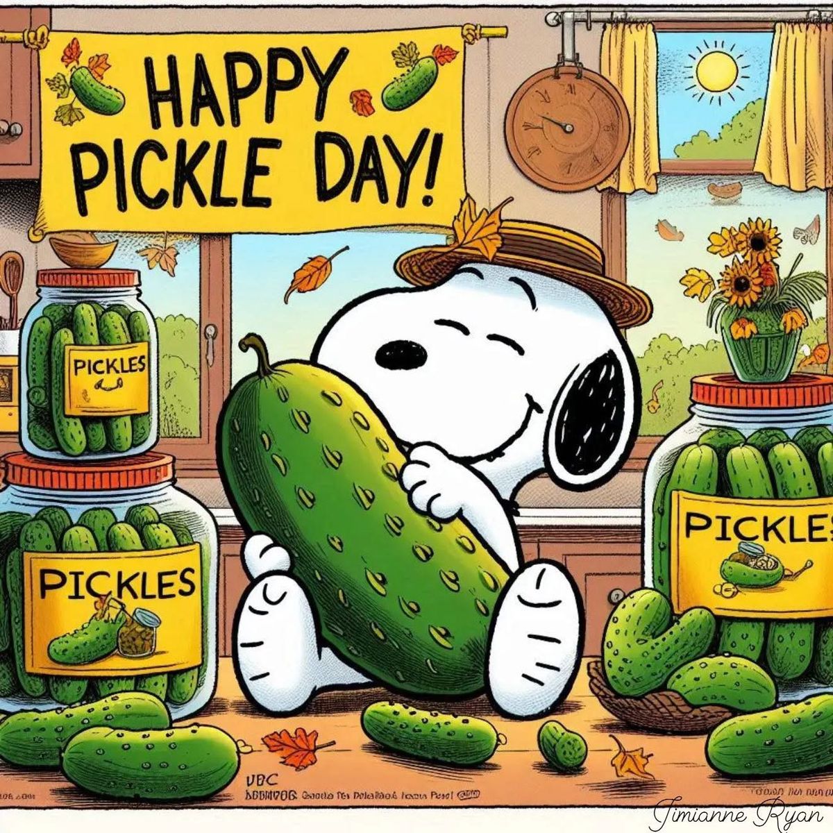 Snoopy hugging a giant pickle in a kitchen with pickle jars and a Happy Pickle Day banner