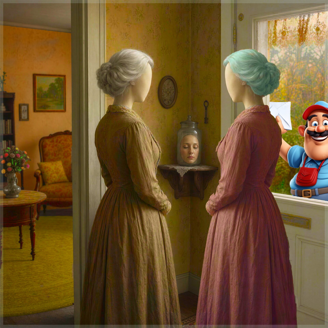 Two faceless women in dresses in a vintage room with a cartoon figure visible outside the window