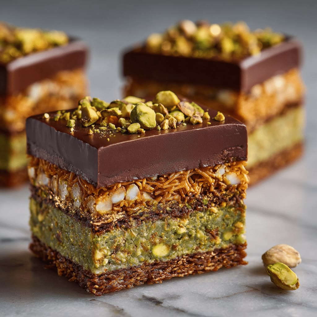 Layered dessert squares with pistachio base, caramel, chocolate top, and chopped pistachios on marble