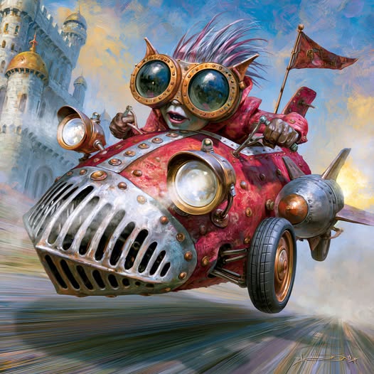 Fantasy creature in goggles driving a red steampunk flying car near a castle