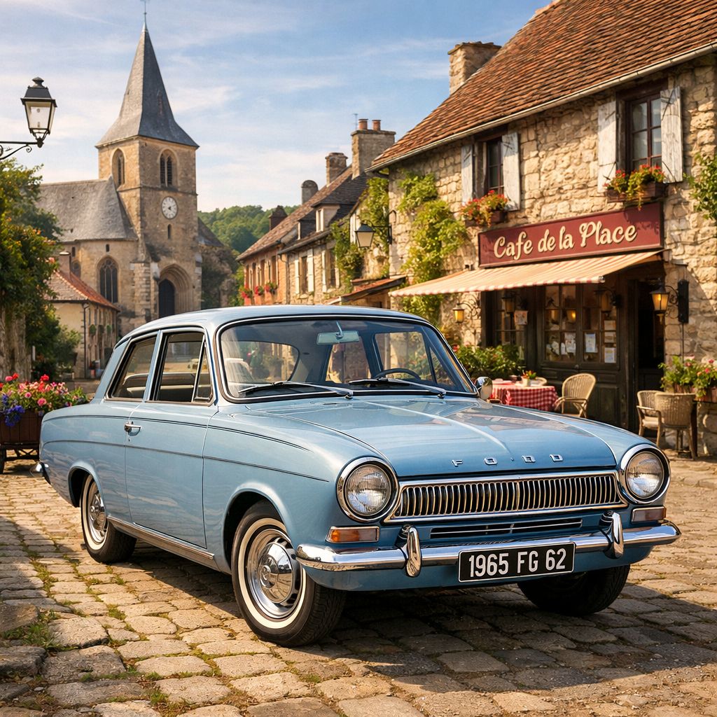 Light blue vintage Peugeot parked on a cobblestone street in a French village