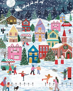 Colorful illustrated snowy Christmas village with houses, people, trees, and Santa's sleigh in the night sky