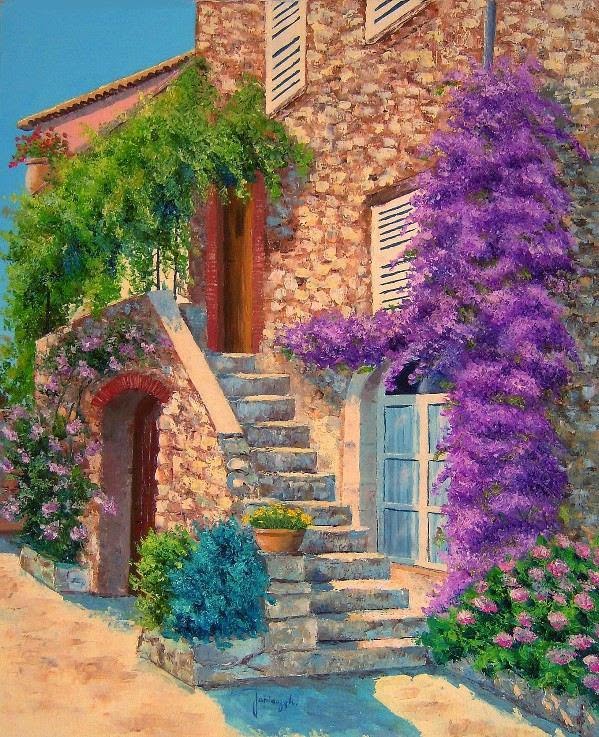 Painting of stone Mediterranean house with purple and green flowering plants climbing walls and staircase
