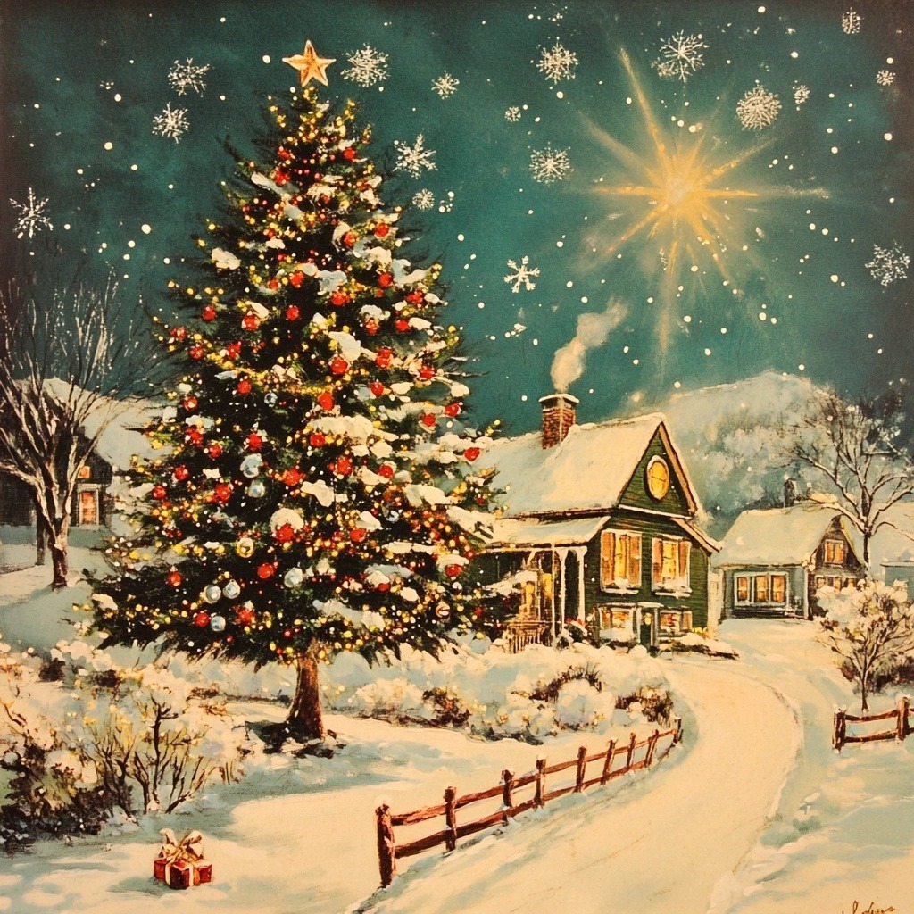 Vintage Christmas scene with decorated tree, snow-covered cottage, wooden fence, and star in teal sky