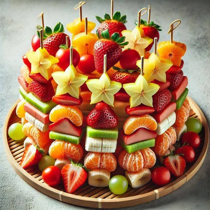 Tiered fruit cake decorated with strawberries, star fruit, citrus slices, and tropical fruits on bamboo plate
