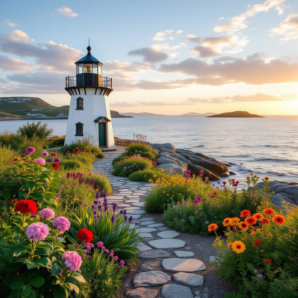 White lighthouse with black top on rocky coast surrounded by vibrant flower garden at golden hour