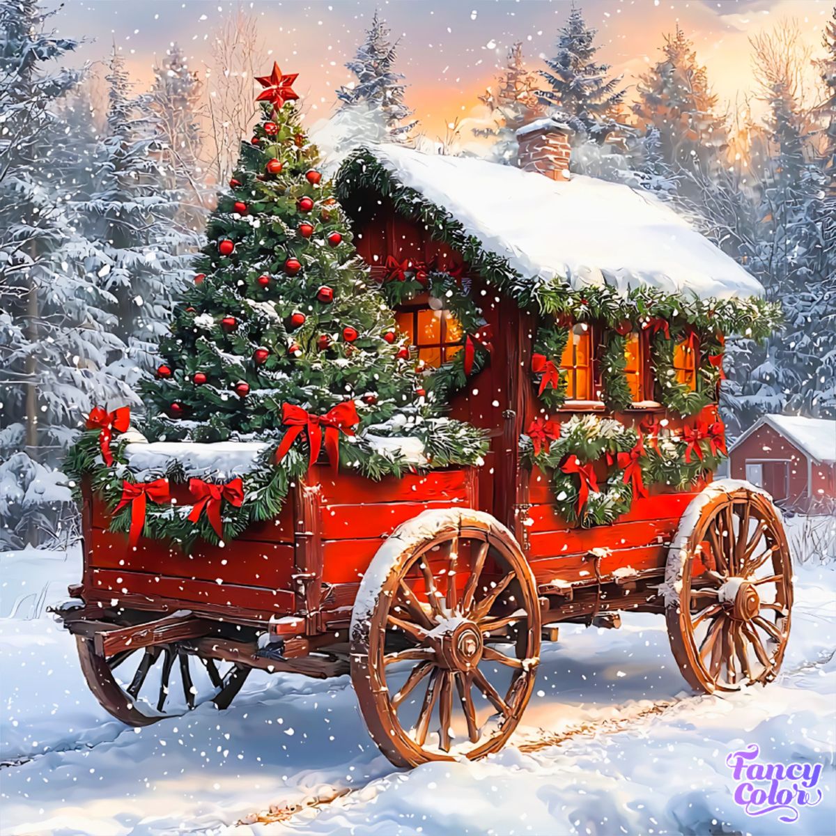 Red vintage wagon with decorated Christmas tree and wreaths in snowy winter landscape