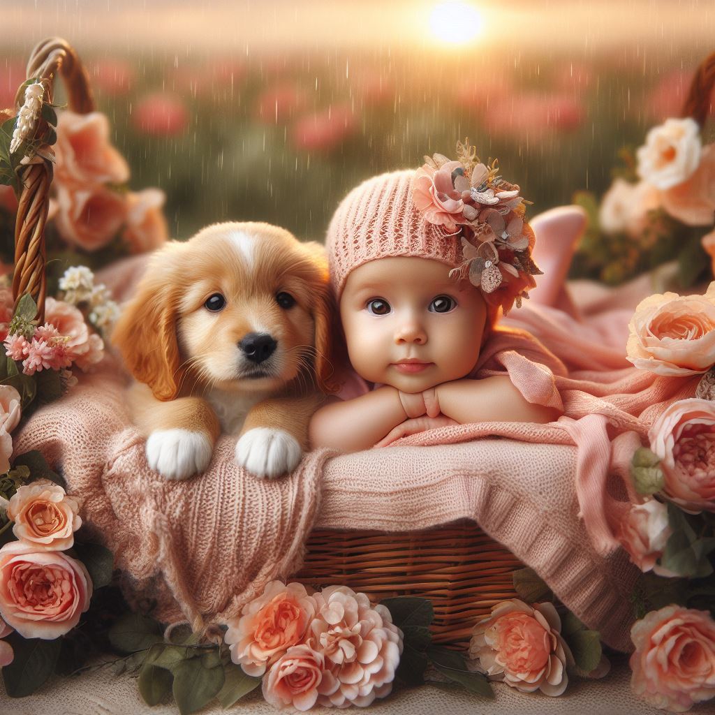 Baby in knit hat with golden retriever puppy in wicker basket surrounded by roses