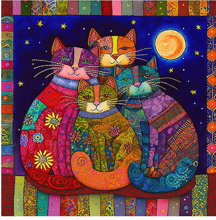 Colorful patterned cats sitting together under a moon and stars