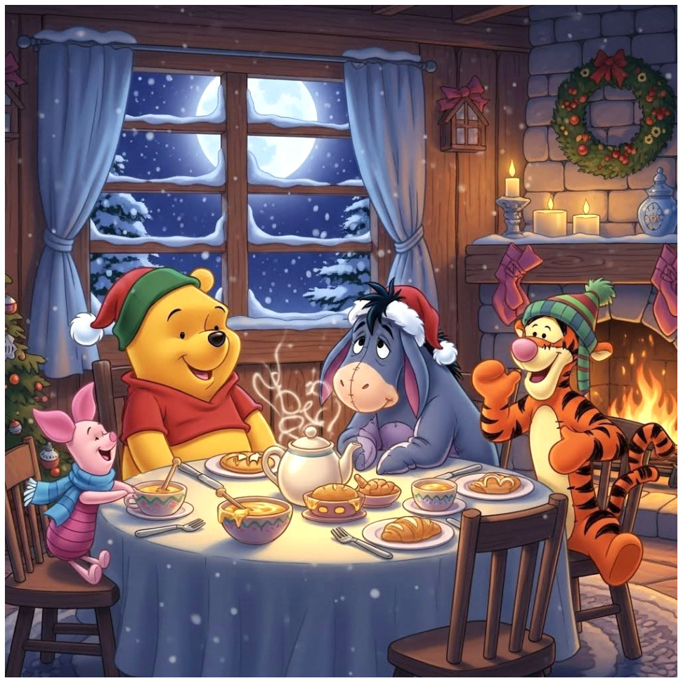 Winnie the Pooh, Eeyore, Piglet, and Tigger at Christmas dinner table in cottage with fireplace and snowy window