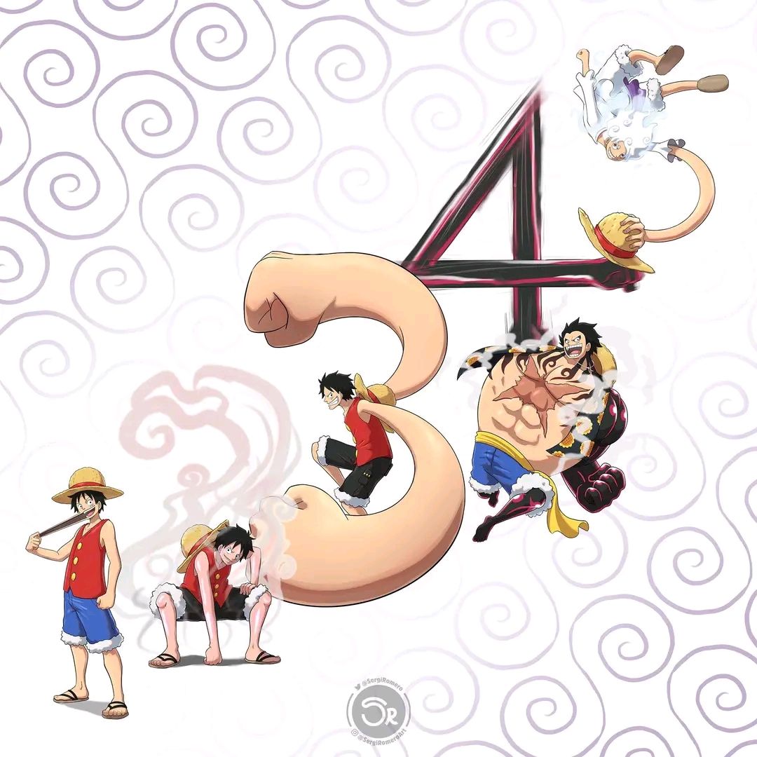 Monkey D. Luffy in various action poses, interacting with large red numbers 3 and 4 against a white background with grey swirls.