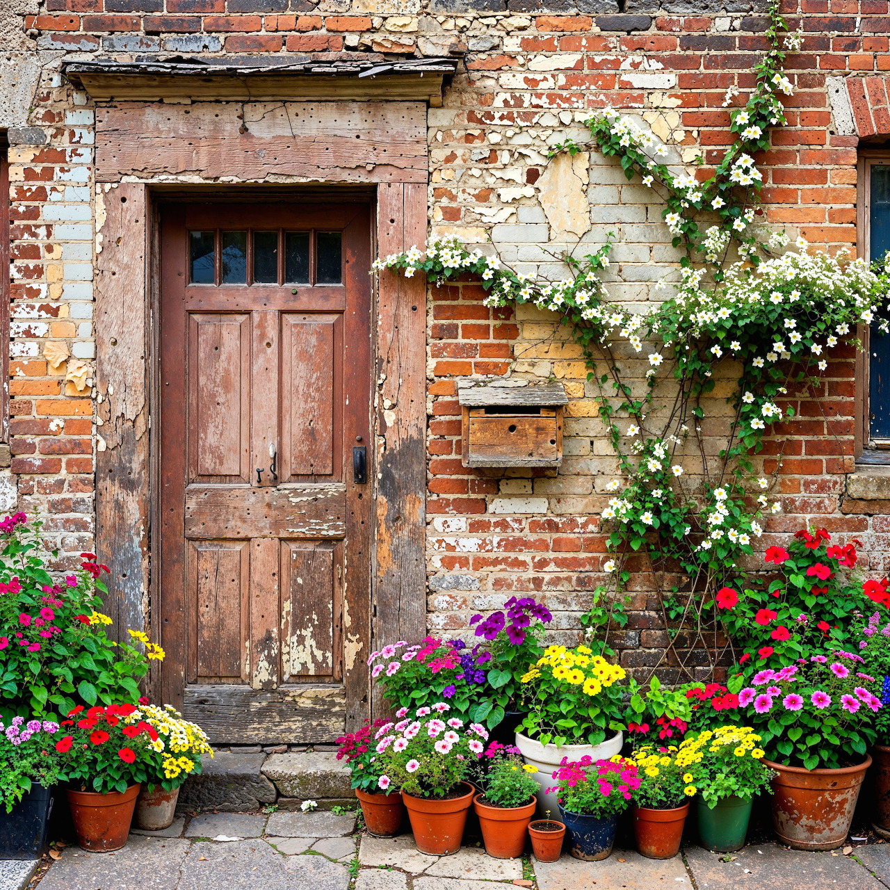 Old wooden door in a brick wall surrounded by climbing vines and colorful potted flowers