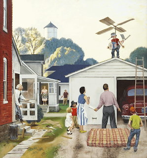 Boy with cardboard wings on garage roof, family watching from driveway in1950s suburban neighborhood