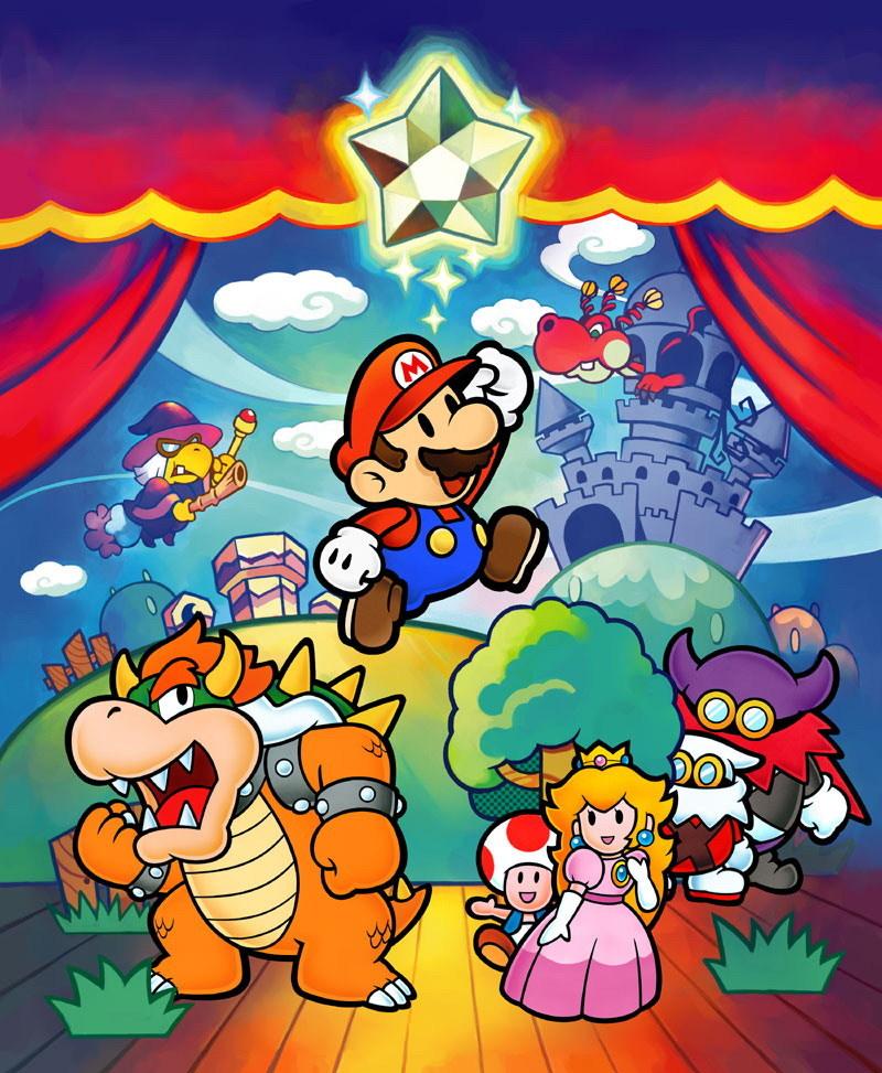 Paper Mario and Nintendo characters gathered on a yellow brick road under a shining star with red curtains