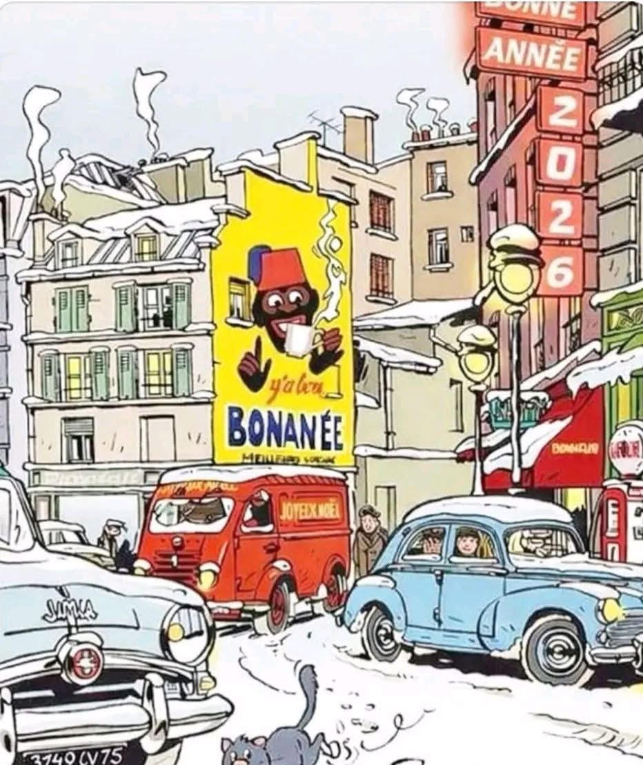 Cartoon snowy French street with vintage cars, Banania poster, and buildings with Année 2026 sign