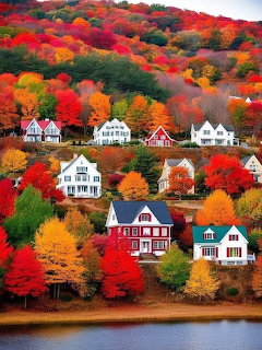 Colorful houses on a hillside surrounded by bright red, orange, and yellow autumn trees near a lake