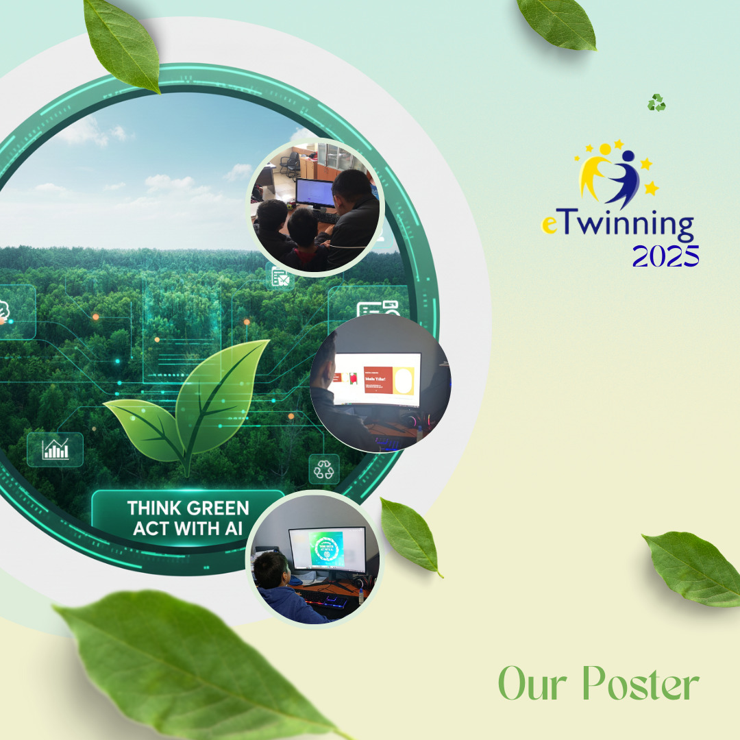Green eco-themed poster with leaves, forest imagery, inset photos, and eTwinning 2025 text