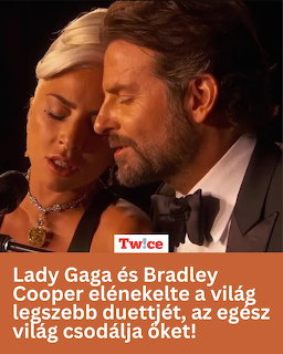 Lady Gaga and Bradley Cooper singing closely into a microphone under warm stage lighting