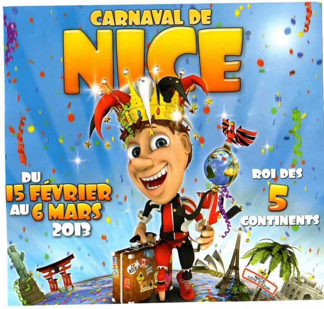 Cartoon carnival king with a jester crown, globe scepter, confetti, and landmarks on a blue poster