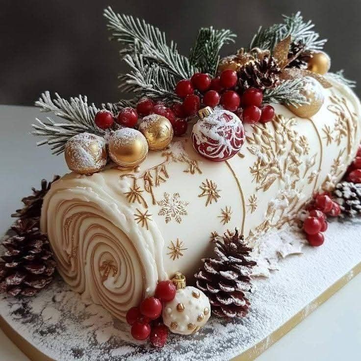 Christmas yule log cake with winter decorations, pine branches, berries, and gold ornaments on dark background