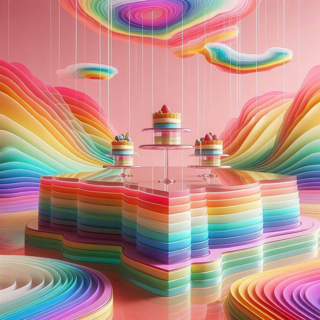 Rainbow striped layer cake on pedestal surrounded by colorful flowing waves in surreal 3D scene