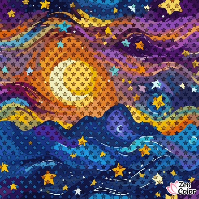 Colorful mosaic of a glowing sun with wavy patterns and stars in purple, blue, orange, and yellow tones