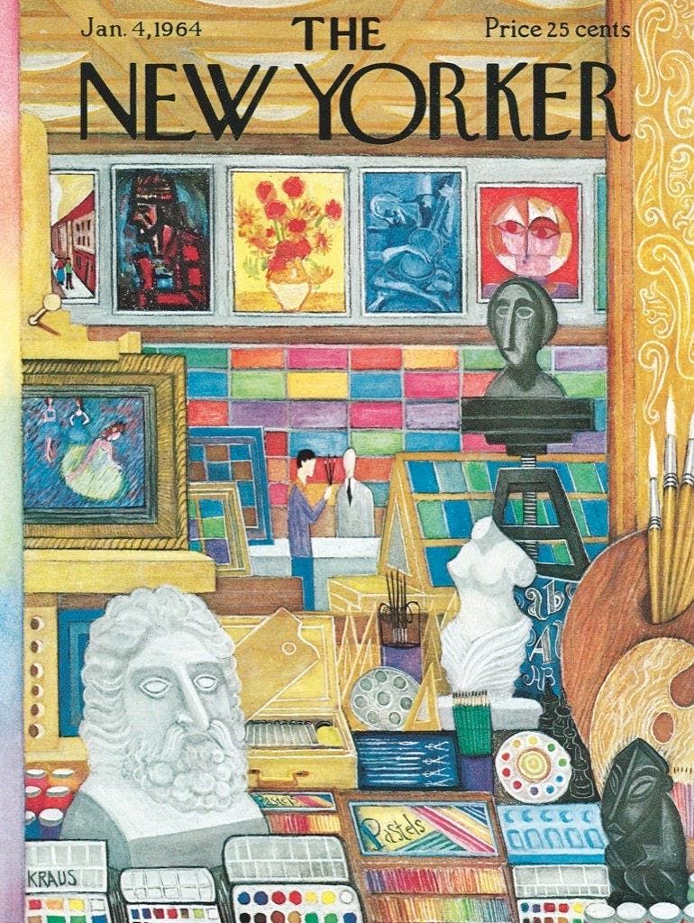 New Yorker magazine cover January 4, 1964 showing a busy artist's studio with sculptures and colorful paintings