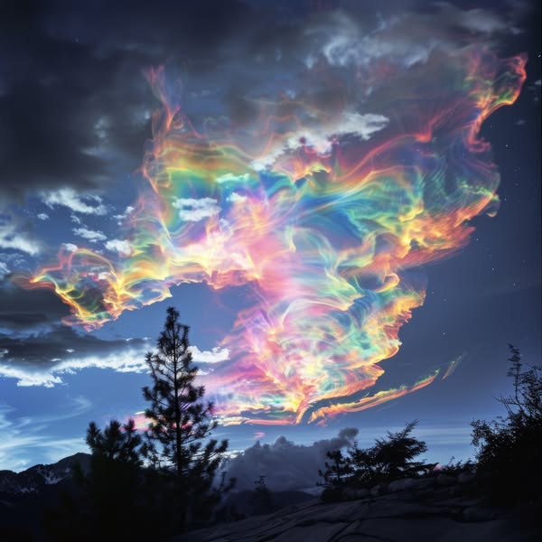 Colorful iridescent clouds above mountain silhouettes and trees at dusk